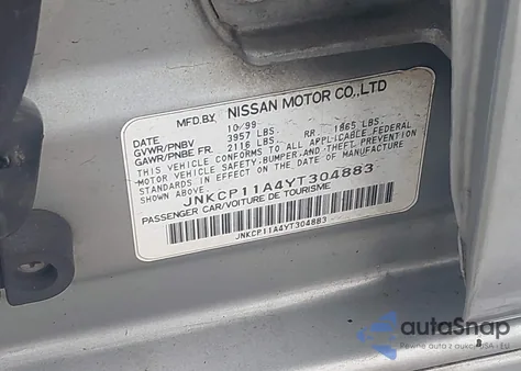 2000 Infiniti G20 Luxury/Touring z USA, uszkodzony, nr VIN JNKCP11A4YT304883